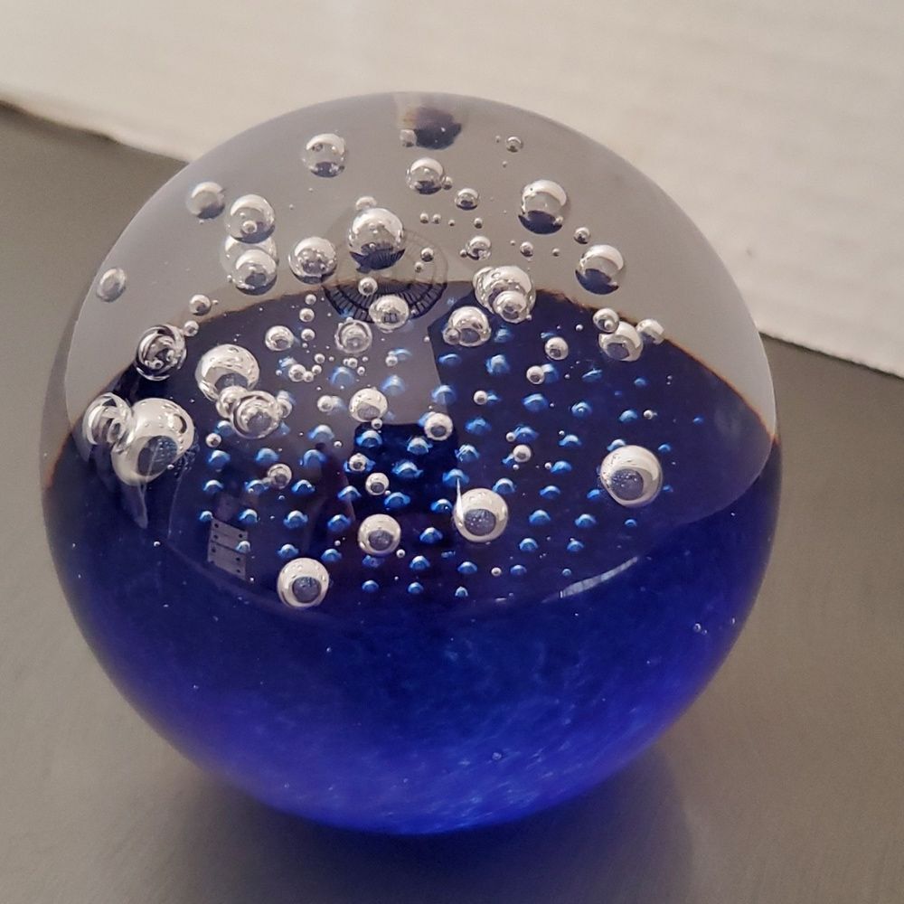 Art Glass Blown Sommerso Bullicante Cobalt Blue Clear Paperweight Polished 3"